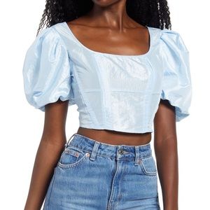 topshop blue puff sleeve corset crop top